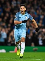 MANCHESTER, ENGLAND - FEBRUARY 21:  Sergio Aguero of Manchester City (10) celebrates as he scores their second goal during the UEFA Champions League Round of 16 first leg match between Manchester City FC and AS Monaco at Etihad Stadium on February 21, 2017 in Manchester, United Kingdom.  (Photo by Stu Forster/Getty Images)